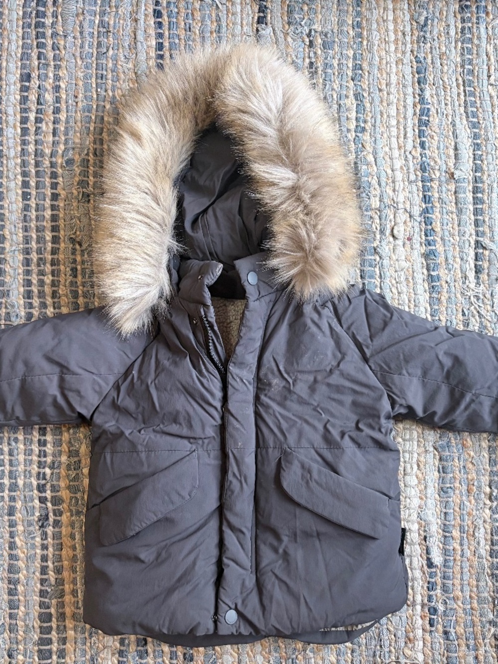 Zara Black Winter Jacket W/ Faux Fur Hood - 12-18m